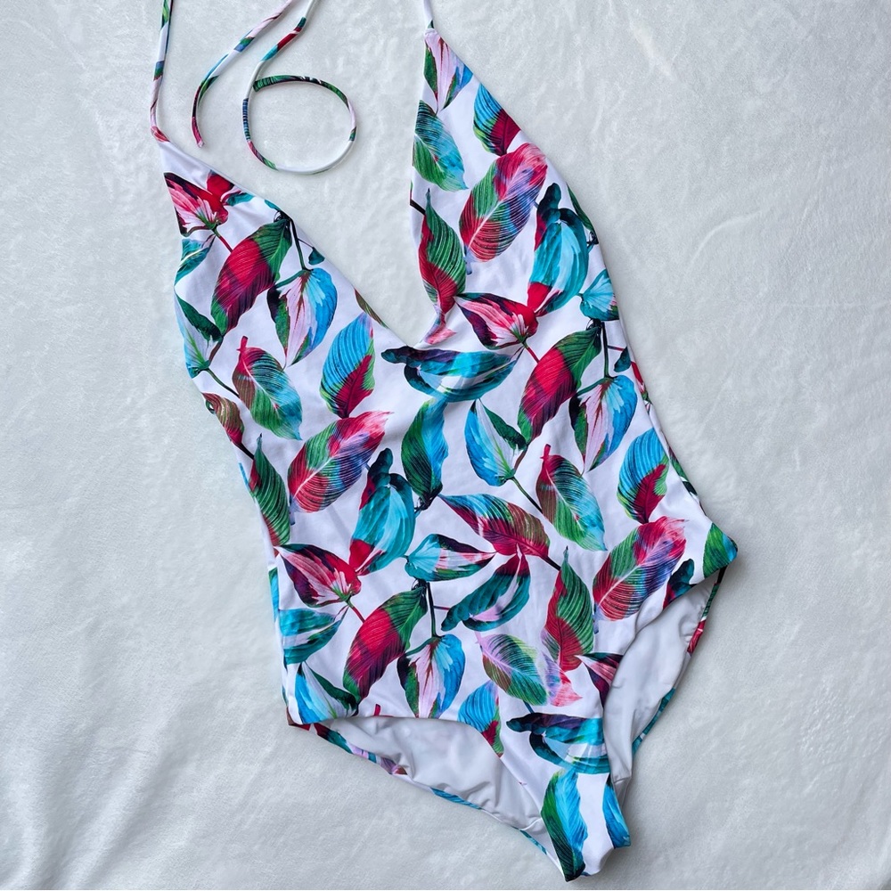 Onia One Piece Womens Swimsuit Colorful Leaves on White Background, Size S-M